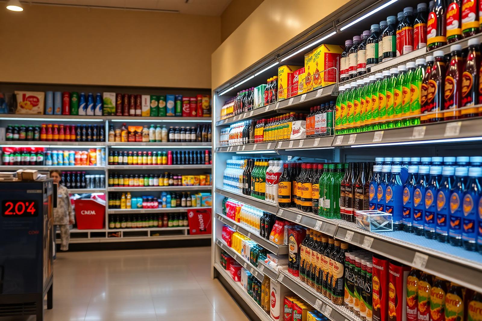 Shelves of beverages and snacks